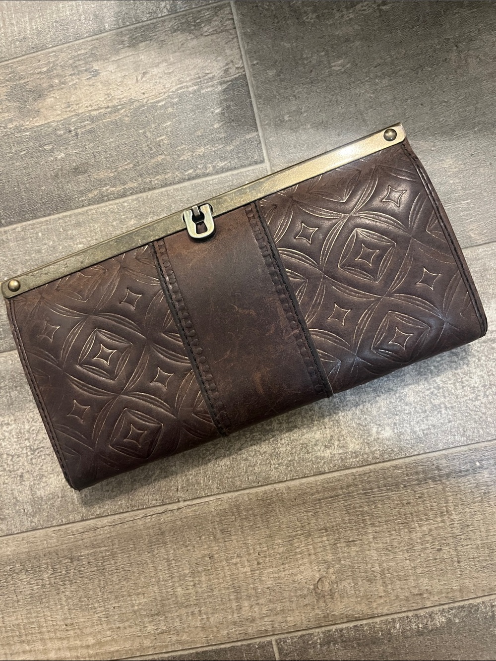 Fossil Brown Embossed Leather Look Frame Clutch Wallet